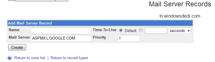 Webmin Add Mail Server Record form with ASPMX.L.GOOGLE.COM and priority 1