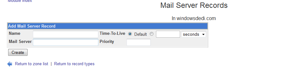 Webmin Add Mail Server Record form