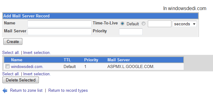 Webmin mail server records list showing the new ASPMX.L.GOOGLE.COM record
