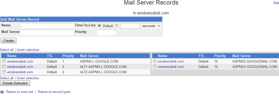 Webmin mail server records with all Gmail MX servers and priorities filled in